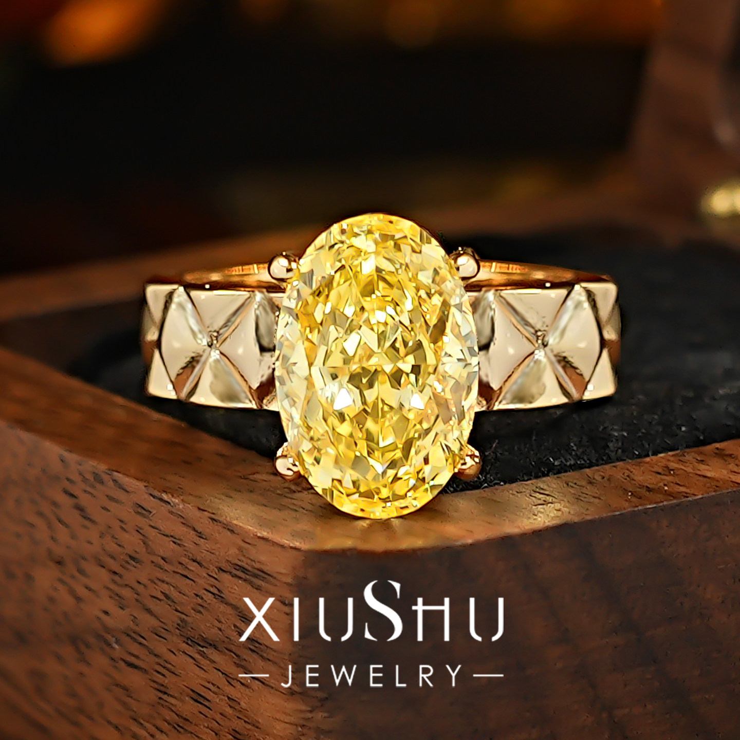 4ct爆闪鸽子蛋菱格复古时尚戒指四爪镶嵌彩宝款指环酷飒叠戴新款