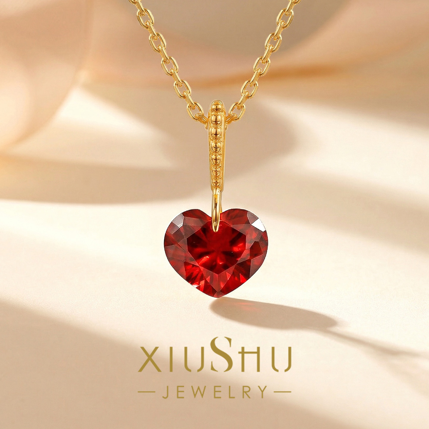 满火彩【心焰】培育红宝石爱心925纯银锁骨项链轻奢精致吊坠新款