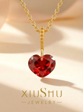 培育红宝石爱心锁骨925纯银项链