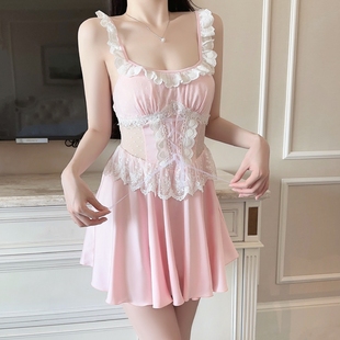 纯欲风冰丝吊带睡裙小胸高级感 甜美可爱粉色性感睡衣女带胸垫法式