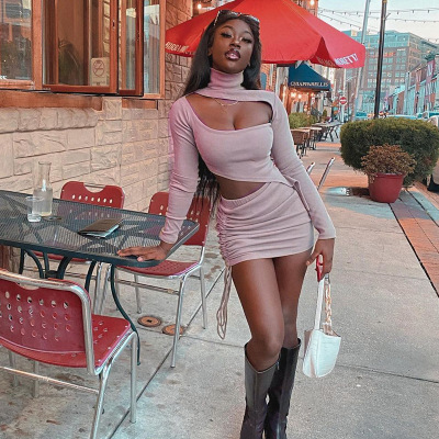 open chest asymmetric hem drawcord short buttock skirt suit