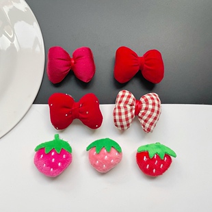 红色新年喜庆蝴蝶结毛绒立体格子发饰服饰配件手工辅料配饰