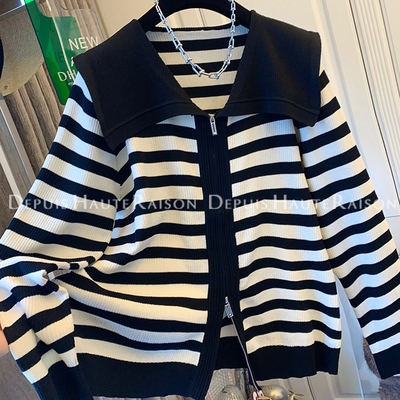 DHR法式气质翻领条纹毛衣针织衫