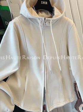 DHR 休闲运动风双拉链连帽加绒卫衣外套保暖内搭打底上衣女冬新款