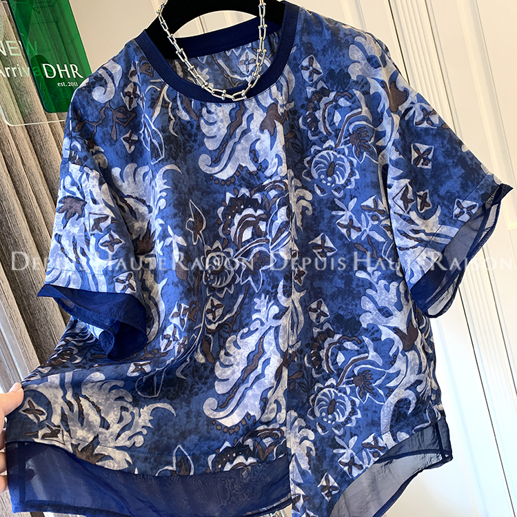 DHR蓝色印花拼纱假两件短袖衬衫