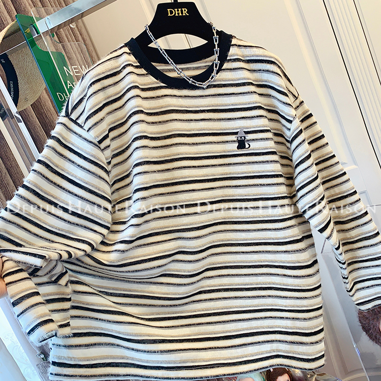 DHR慵懒风小猫条纹针织长袖T恤