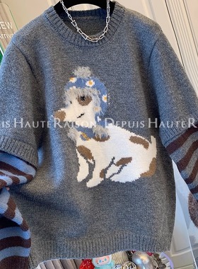 DHR 超好看减龄小狗条纹假两件针织衫毛衣宽松休闲上衣女2025冬装