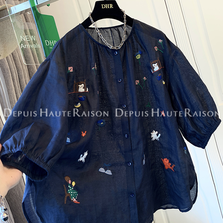 DHR 轻奢高级感气质刺绣麻料衬衫宽松薄款娃娃衫独特漂亮上衣女夏