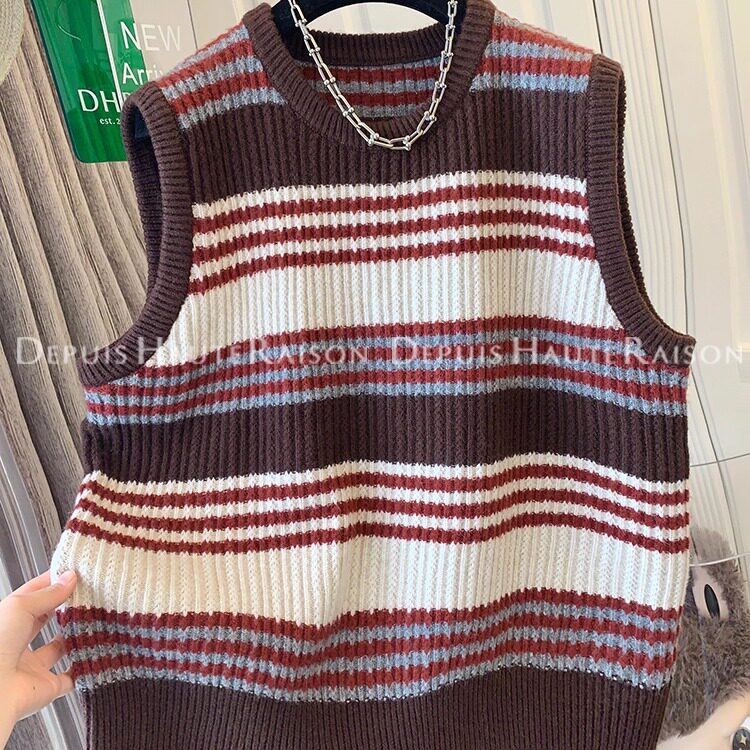 DHR 超好看复古条纹针织衫毛衣马甲背心宽松叠搭上衣女2025冬新款,女装/女士精品,毛衣,淘宝优惠券,粉丝福利购,淘宝优惠卷