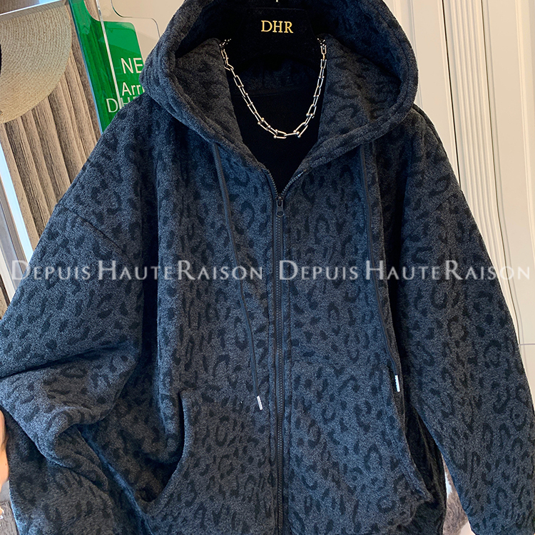DHR豹纹拉链加厚加绒连帽卫衣