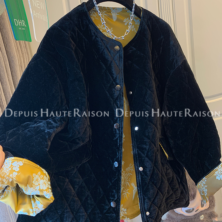 DHR新中式菱格黑色丝绒缎面棉服