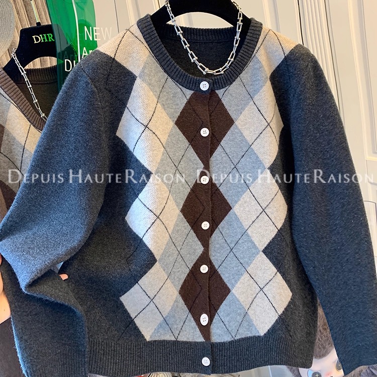 DHR高级英伦风菱格子圆领针织衫
