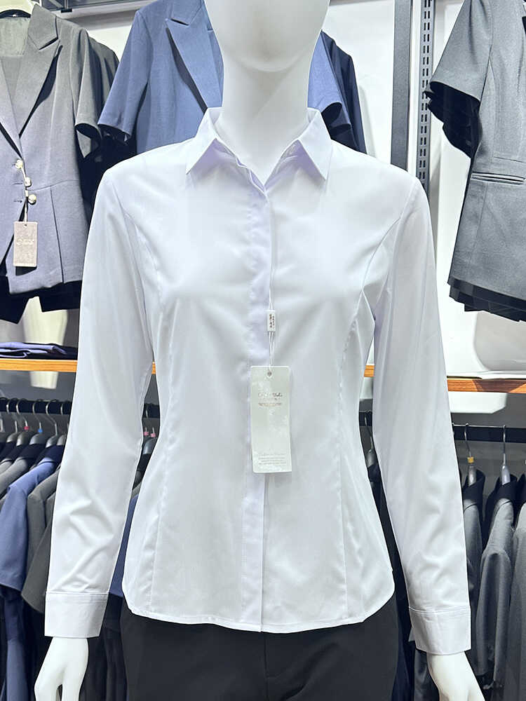 女士白衬衫长袖抗皱弹力竹纤维上班面试教师公务员方领衬衣A201