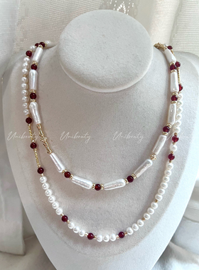 【醉红颜】天然淡水冷白光ak近圆巴洛克珍珠红石榴石项链