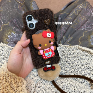 羊咩咩MM秋冬卡通毛绒苹果17磁吸支架手机壳适用iPhone16ProMax可爱kitty13女15Pro韩系链条14保护套