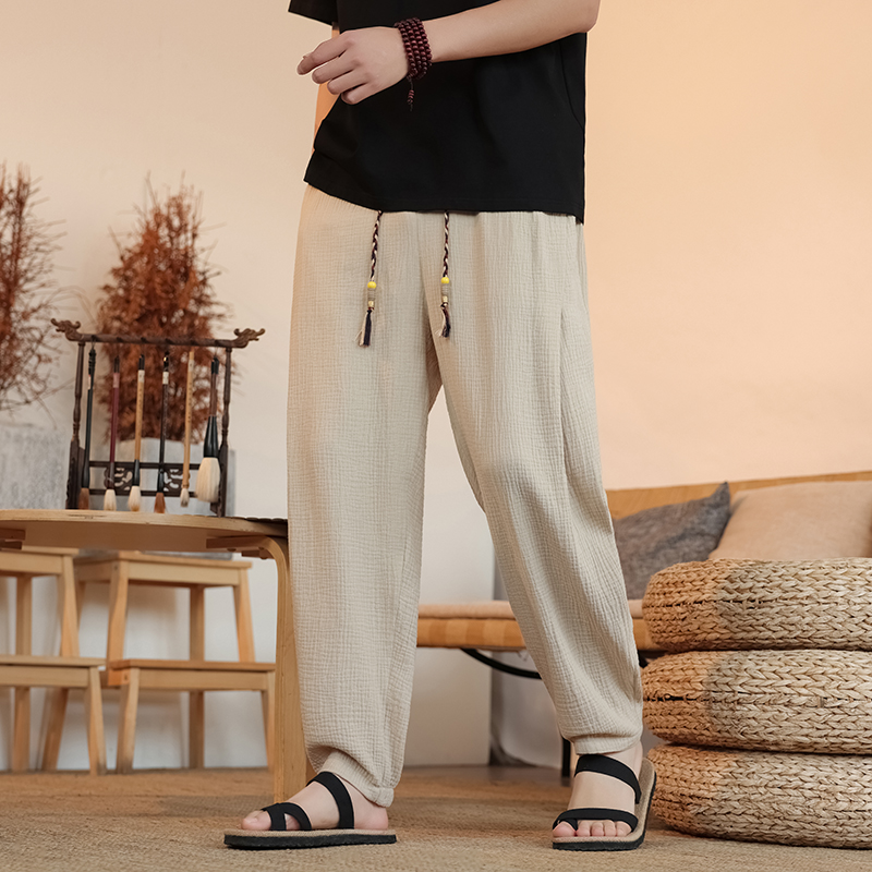 中国风褶皱全棉休闲裤 民族风抽绳低档哈伦裤 K37-P60
