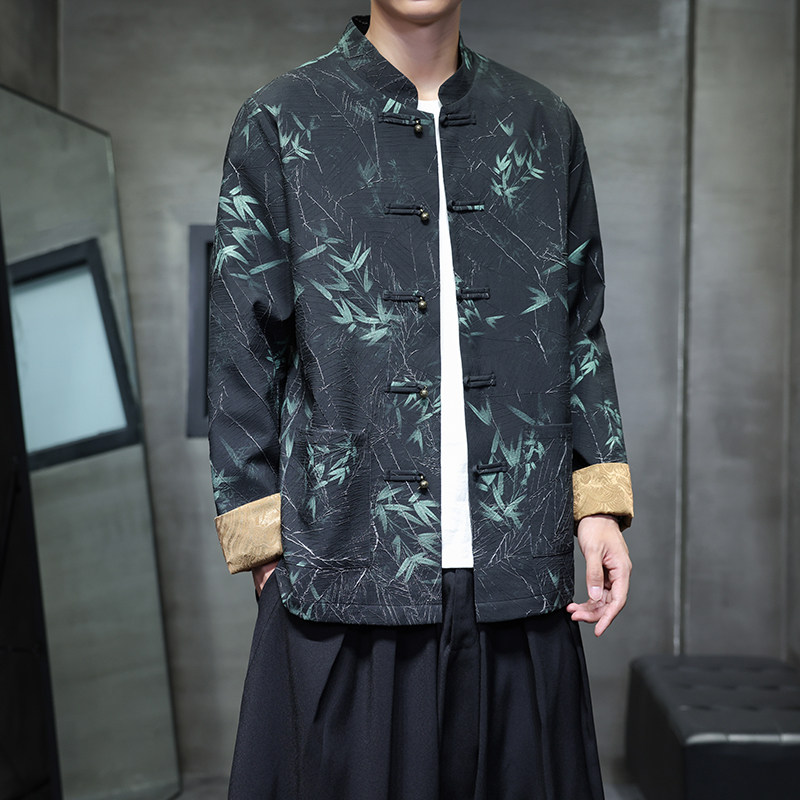 2024风竹叶印花褶皱外套男装秋季唐装改良夹克汉服1910-P100,男装夹克,电商B378（原B341）