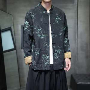 2024风竹叶印花褶皱外套男装秋季唐装改良夹克汉服1910-P100