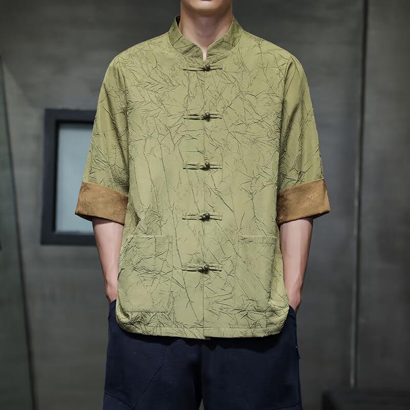 风盘扣浮雕花纹衬衣复古褶皱立领短袖唐装有大码1907-P80,男装T恤,电商B378（原B341）