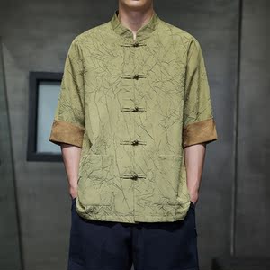风盘扣浮雕花纹衬衣  复古褶皱立领短袖唐装 有大码 1907-P80图片