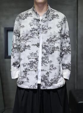 中国风男装外套春季新款麂皮绒山水印花夹克复古唐装潮1909-P115