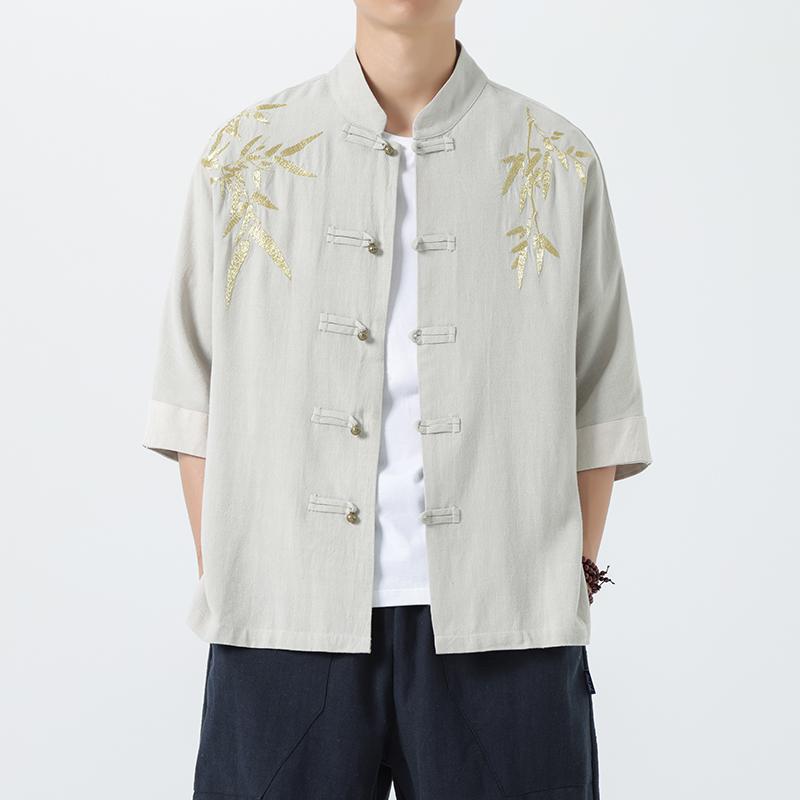 中国风刺绣立领棉麻衬衫男短袖夏季中式复古唐装衬衣茶服1906-P75