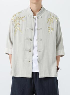 中国风刺绣立领棉麻衬衫男短袖夏季中式复古唐装衬衣茶服1906-P75
