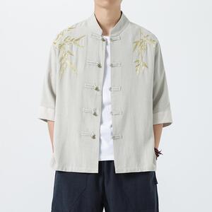 风刺绣立领棉麻衬衫男短袖夏季中式复古唐装衬衣茶服1906-P75图片