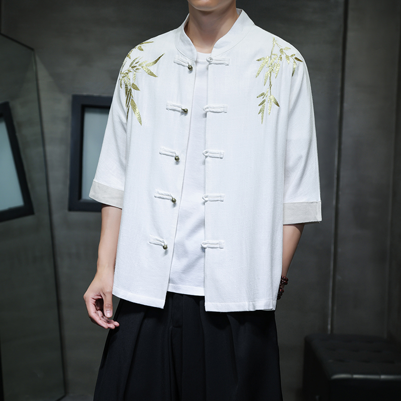 新中式竹子刺绣唐装古风短袖麻料衬衫男士夏季改良汉服1906-P75