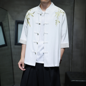 新中式竹子刺绣唐装古风短袖麻料衬衫男士夏季改良汉服1906-P75图片