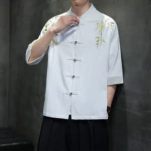 新中式竹子刺绣唐装古风短袖麻料衬衫男士夏季改良汉服1906-P75图片