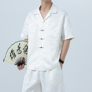 新中式夏季男士提花短袖潮大码薄款宽松改良唐装衬衫1925-P60图片