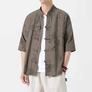 风男装古风盘扣五分袖潮夏季轻薄款冰丝短袖衬衫1905-P65