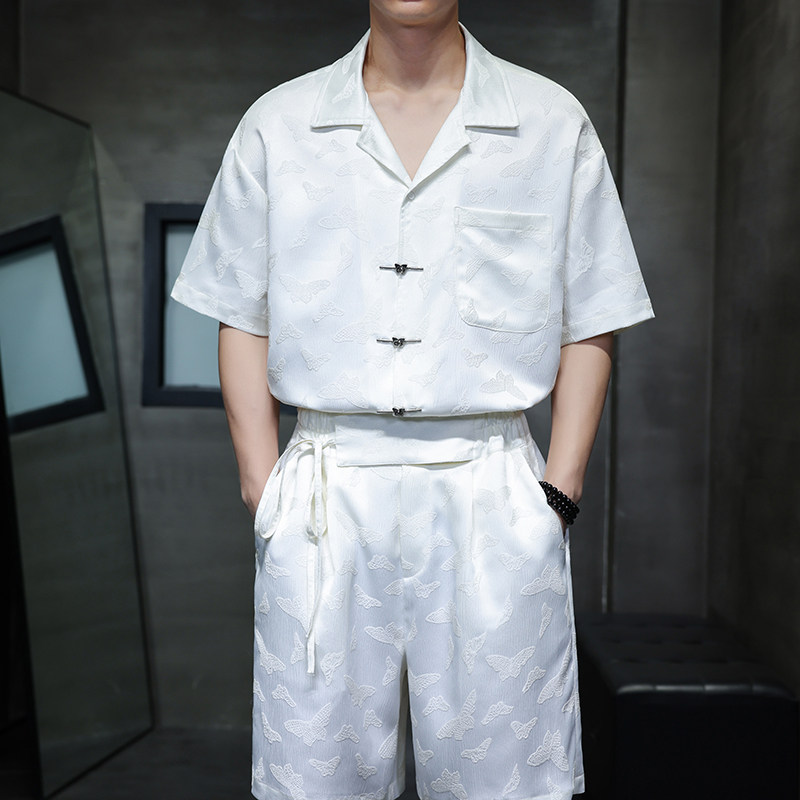 2025夏季新中式短袖衬衫套装大码宽松上衣短裤两件套1928-P100,男装休闲套装,电商B378（原B341）