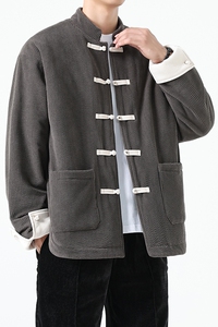 复古风宽松撞色灯芯绒棉服中青年立领盘扣加厚棉衣1918-P135图片