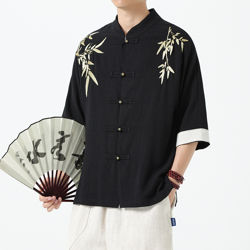 现货风刺绣棉麻衬衫1906-P75，男装衬衫，电商B378（原B341）