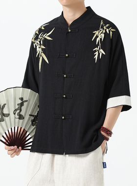 苎麻五分袖衬衣中老年茶道禅服中国风刺绣衬衫 1906-P75