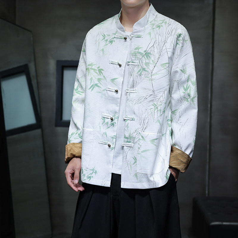 2024风竹叶印花褶皱外套男装秋季唐装改良夹克汉服1910-P100,男装夹克,电商B378（原B341）