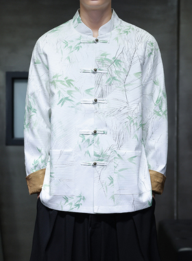 中国风复古竹叶印花夹克外套新中式盘扣立领唐装 1910-P100