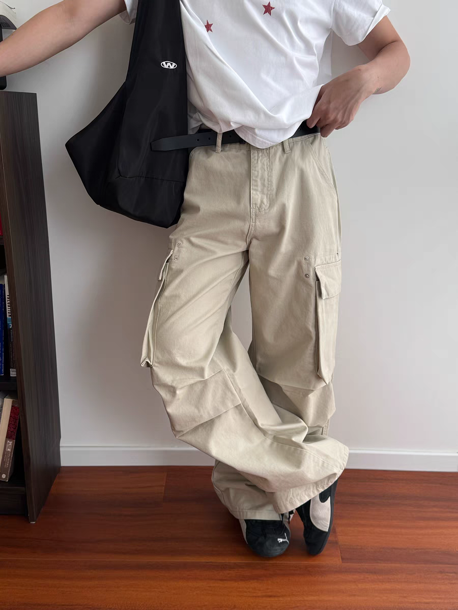 PIFU  美式高街褶皱工装休闲裤男潮流阔腿百搭显瘦休闲拖地长裤