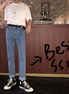 PF/韩国简约浅蓝色chic水洗牛仔裤港风潮男女青少年ulzzang直筒裤