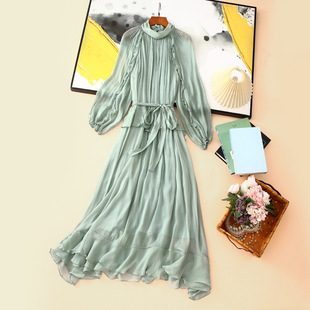 时尚 法式 优雅气质收腰显瘦洋气小众绿色人丝连衣裙女 新款 2026夏季