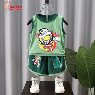 寶寶網眼透氣速干無袖 兩件套兒童坎肩 夏季 奧特曼衣服男童背心套裝
