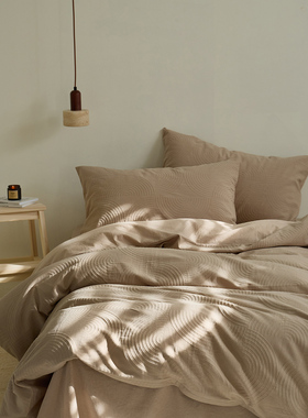 小井家水洗棉提花四件套全棉纯棉床单被套床笠床上用品高级感卡其