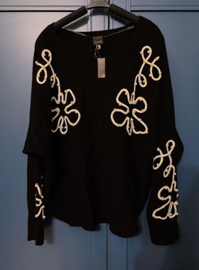 美国Aa*eda黑色立体刺绣珍珠花朵造型蝙蝠袖针织衫L128/66