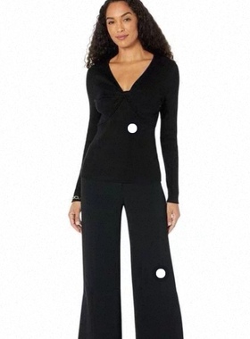 美国C*k黑色肌理纹针织长袖交叉扭结V领衫上衣L码100/65