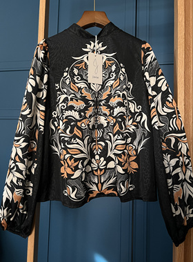 美国Jo*ie黑色暗纹印花公主领灯笼袖丝绸上衣M码104/61