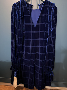 暗格纹丝绒连衣裙6码 美国C k宝石蓝色系带长袖