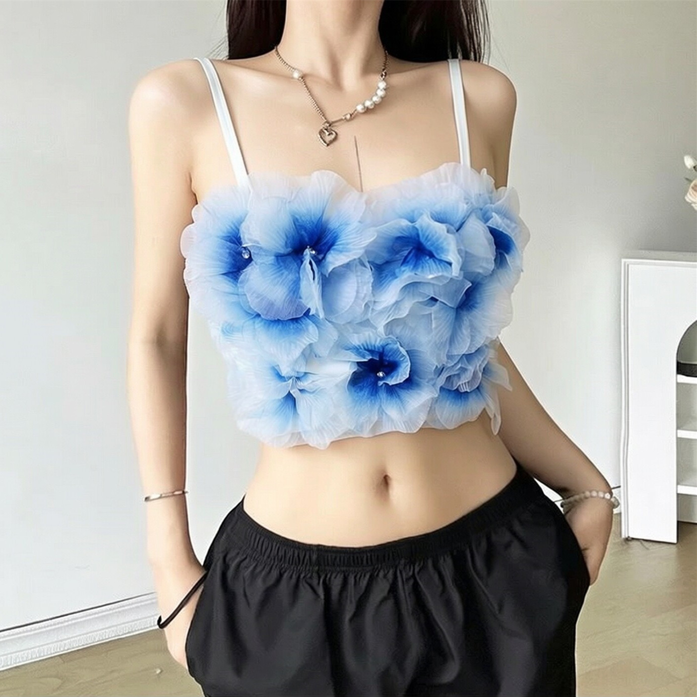 立体花水墨渐变色外穿鱼骨钢圈胸衣背心吊带短款上衣甜美仙女法式