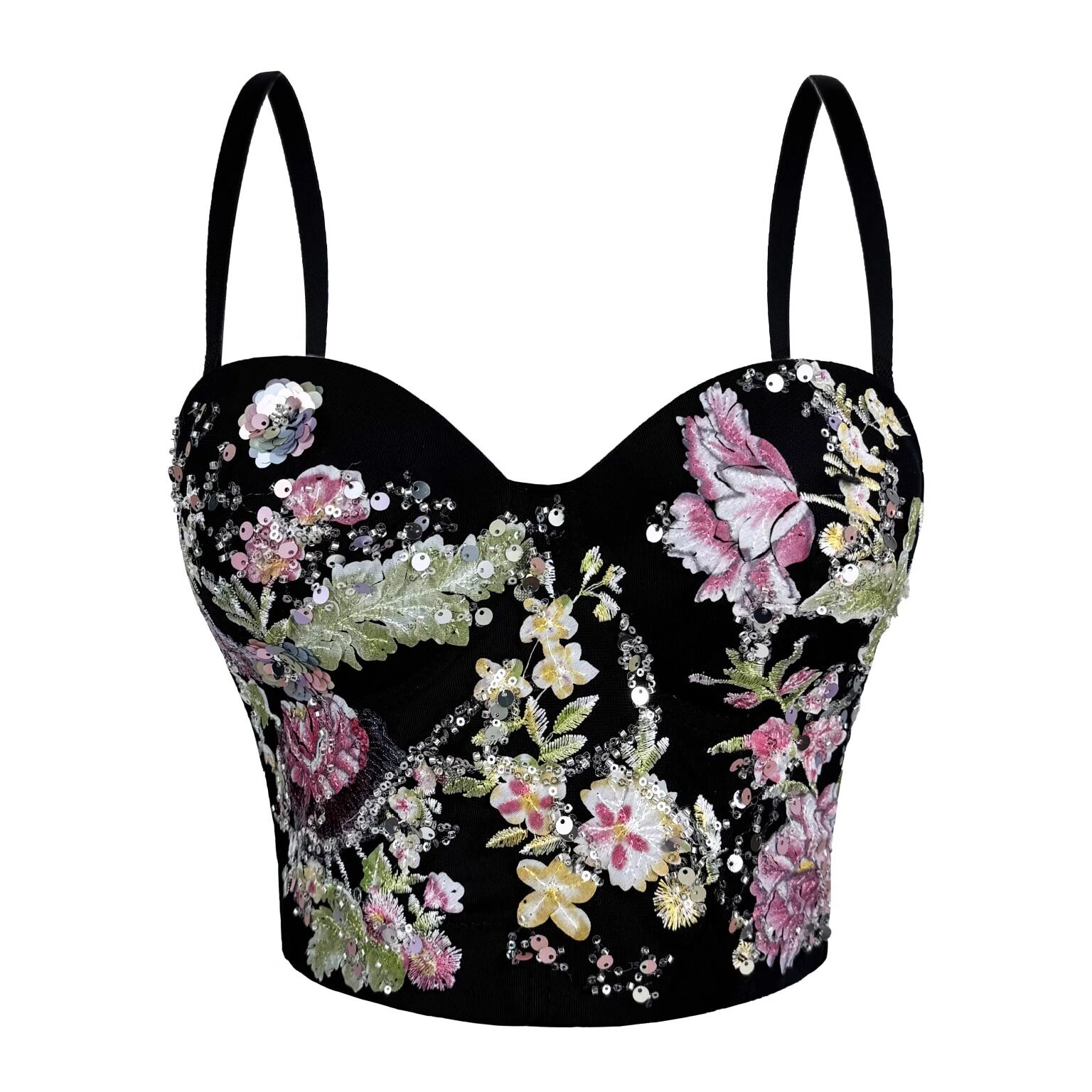 重工亮片刺绣立体花外穿鱼骨胸衣背心吊带短款上衣抹胸轻奢高级感